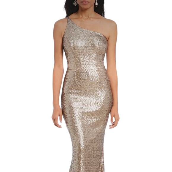 DRESS THE POPULATION Bella Ice Pink Gold Sequin One Shoulder Gown Womens Size XS - Picture 2 of 16